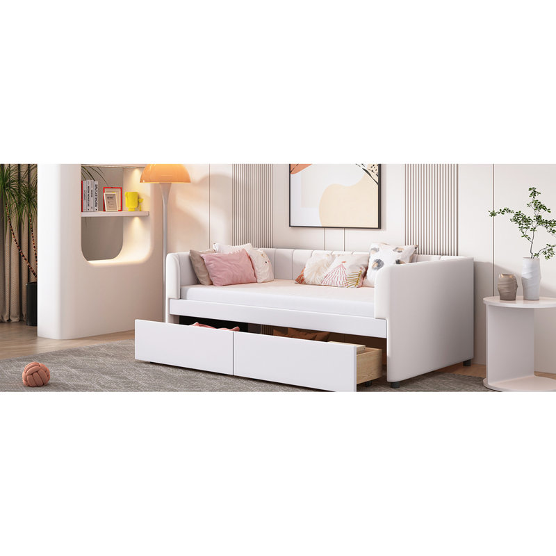 Twin Size Daybed In Beige With Ergonomic Back And 2 Drawers - Classic Stripe Headboard For An Elegant Bedroom Assessment A Inspection