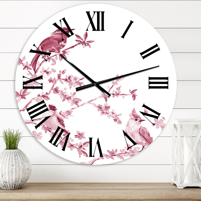 Beaux oiseaux roses - horloge murale traditionnelle, Surdimensionné