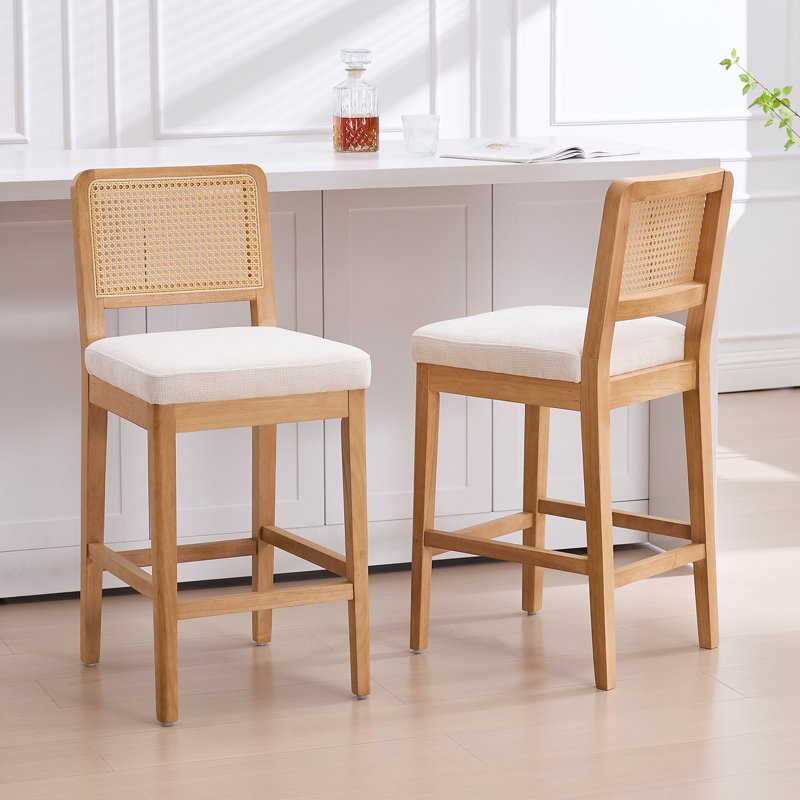 Upholstered Counter Stool with Solid Wood Frame, White Chenille, Natural