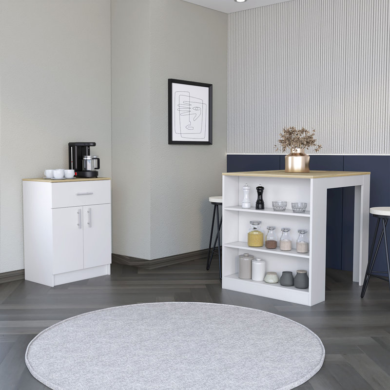 2 Piece Kitchen Set, Kitchen Island Table + Pantry Cabinet, White