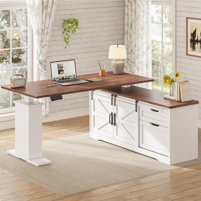 Farmhouse L Shaped Standing Desk, 55 Inch Height Adjustable Corner Desk With Storage Drawers, Standing Computer Desks With Power Outlets For Home Office