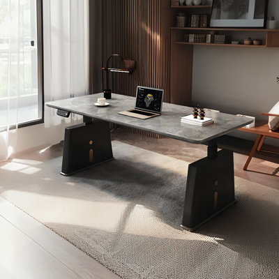 Modern Minimalist Electric Height Adjustable Standing Desk, Matte Grey Sintered Stone Tabletop, Dual Motors, Solid Wood Legs in Black Optional