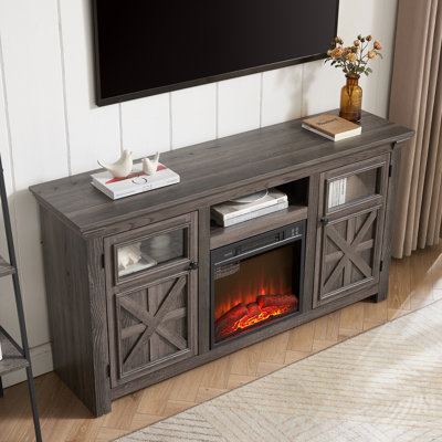 Meuble télé 2 portes avec foyer encastrable 18 po, conception de grange classique pour le divertissement à domicile, l 60,23 po x P 15,35 po x P 31,7 po