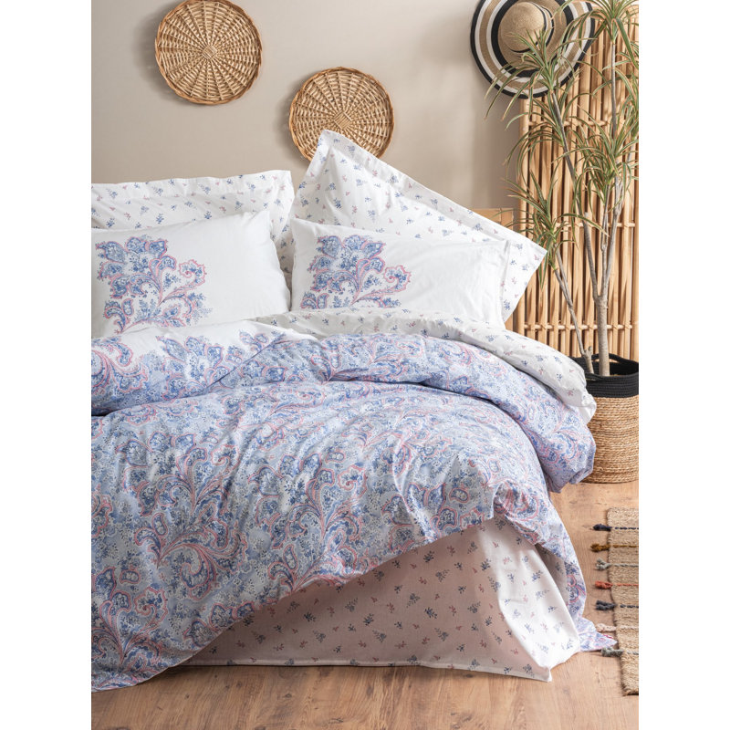 Ensemble de housse de courtepointe 100% coton Ranforce, blanc, bleu et orange, 78,7 po x 78,7 po | Comprend 2 taies d'oreiller (31,5 po x 31,5 po) | Impression de pigments, lavable à la machine, fermeture à boutons, conception douce et durable