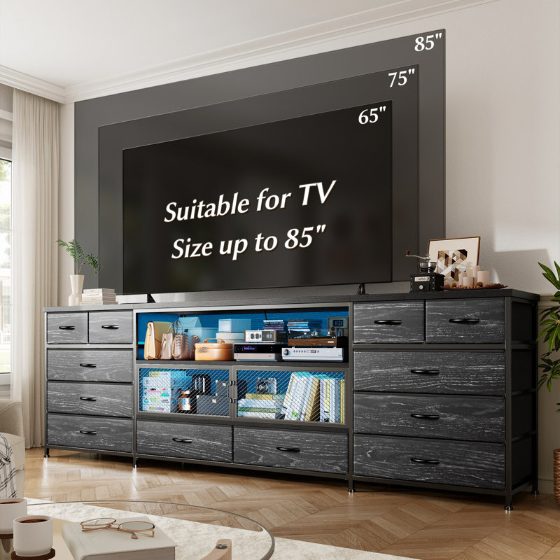 71"w Modern Tv Stand With 14 Drawers, Led Lighting & Built-in Power Outlets For 65/75/80 Inch Tvs, Fabric Storage Dresser With Mesh Door Compartments