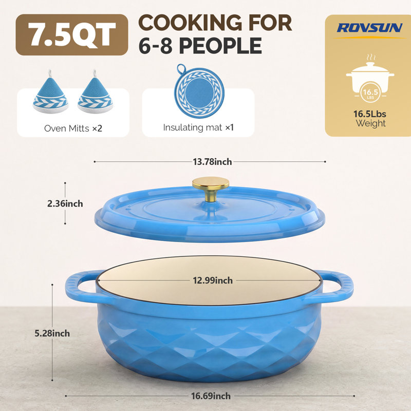 Cocotte ovale en fonte émaillée bleue de 7,5 litres avec maniques et gant de cuisine pour la cuisson au four, le braisage et les ragoûts.