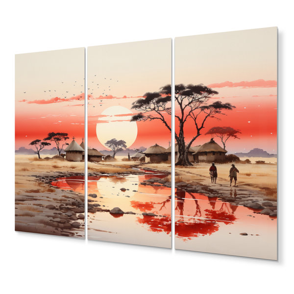 DesignArt Peach Gray African Village Visions I On Metal 3 Pieces Print ...