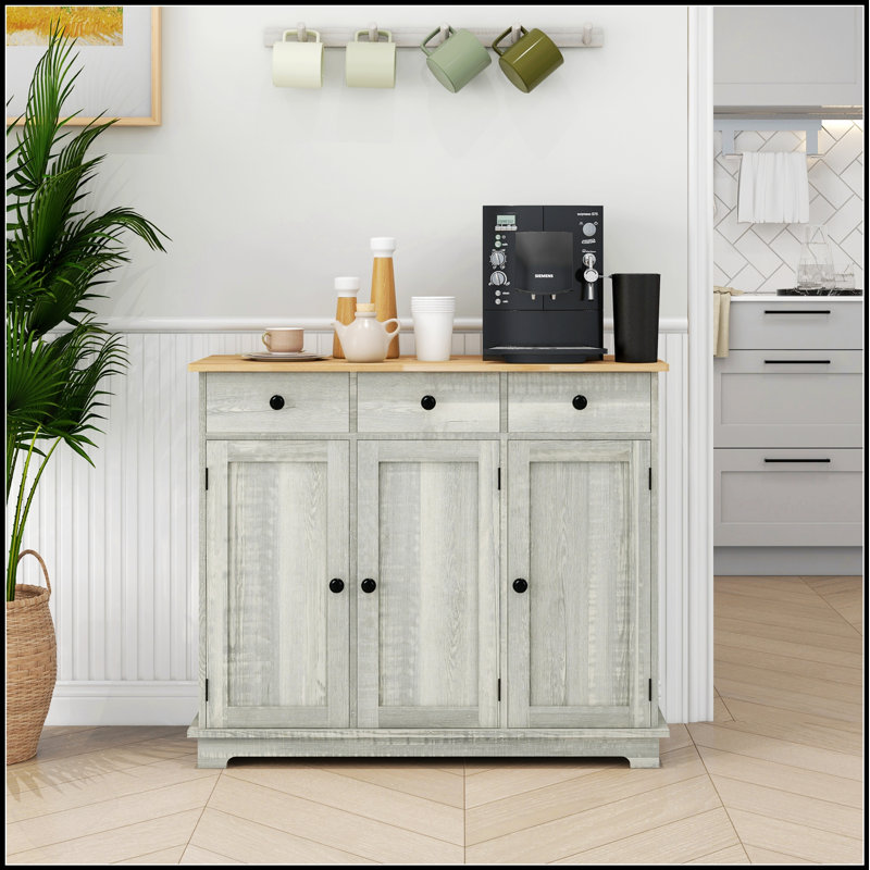Buffet moderne gris clair avec comptoir en bois massif, 3 tiroirs, portes et tablette réglable pour le rangement de la cuisine