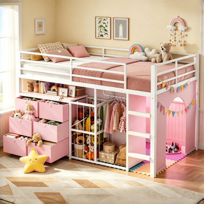 Twin Loft Bed with Storage Drawers, Toy Basket & Clothes Rack, LED Lights, and Under-Bed Play Space – Space-Saving Metal Platform Bed with Safety Guardrails