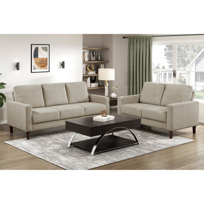 Revêtement contemporain en velours côtelé beige 2 pièces, dossier à sièges rembourrés, structure en bois massif, tissu d'ameublement d'invité, tissu doux, structure en contreplaqué, temps en famille confortable