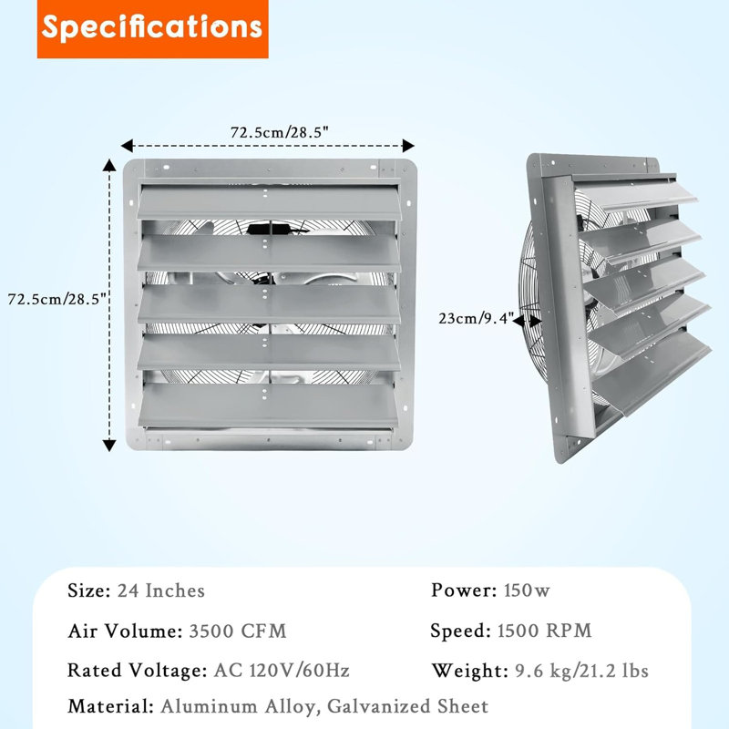 Ventilateur d'extraction 24 pouces en aluminium 3500 CFM, ventilateur à grande vitesse avec obturateur automatique pour serre, grenier, remise, magasin