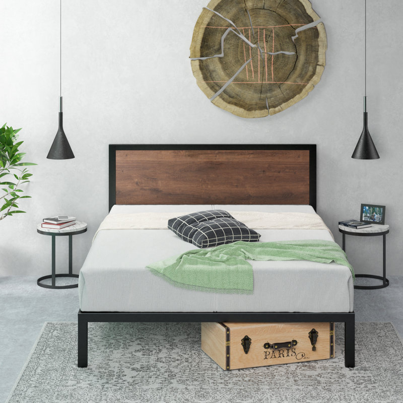 Slovan Modern Metal Platform Bed frame with Wooden Headboard, Super King (6')