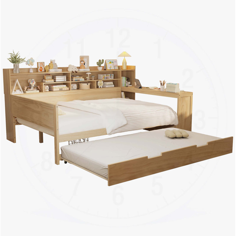 Lit de jour en bois avec tablettes de rangement, lit multifonctionnel avec lit gigogne et bureau , Complet/Double, Naturel
