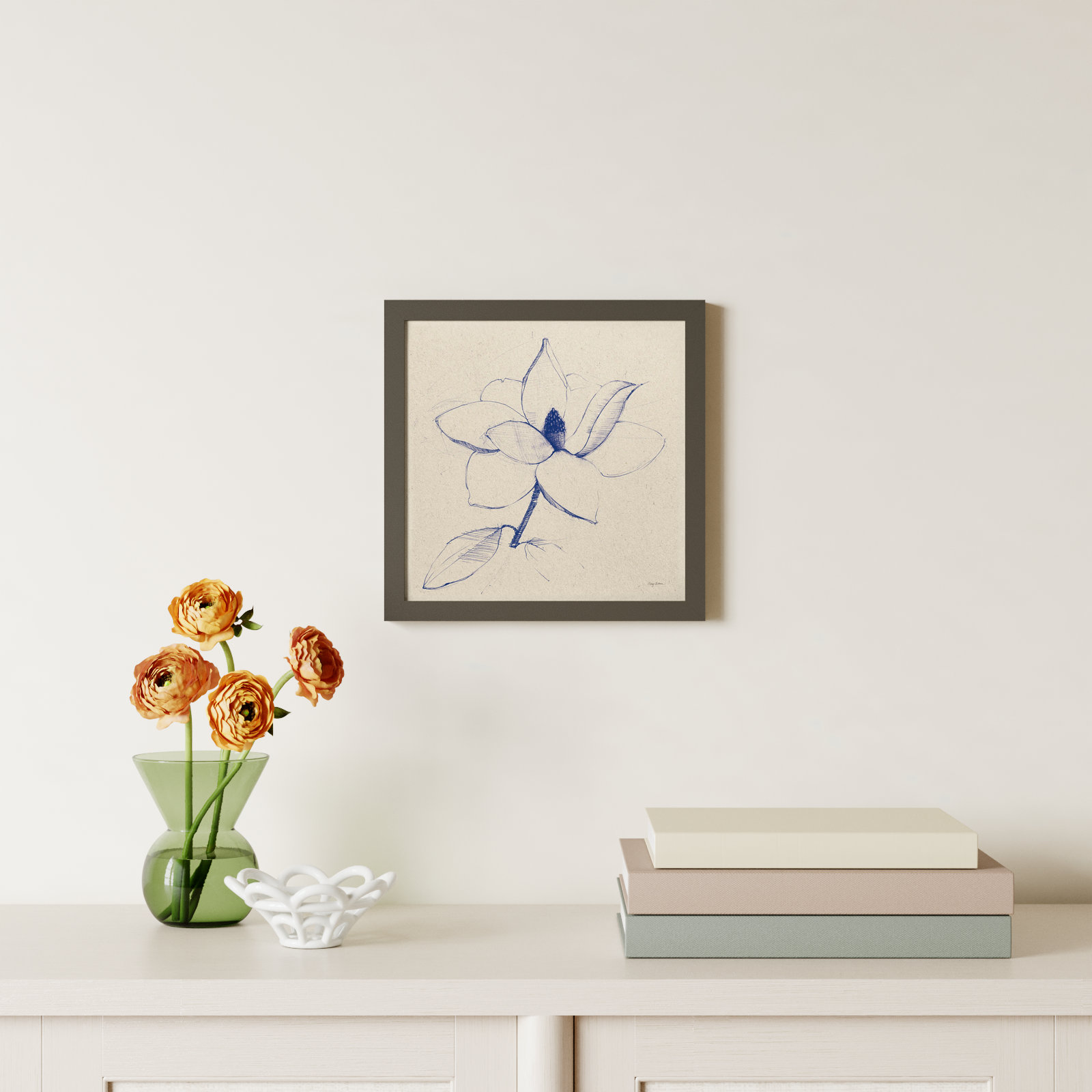 Modern Vintage Floral II Indigo by Everlean - Single Picture Frame Print, 13" H x 13" W x 1" D, White