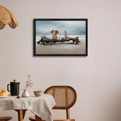 Elephant And A Dog Are Sitting On Driftwood Premium Framed Poster by Mike Kiev