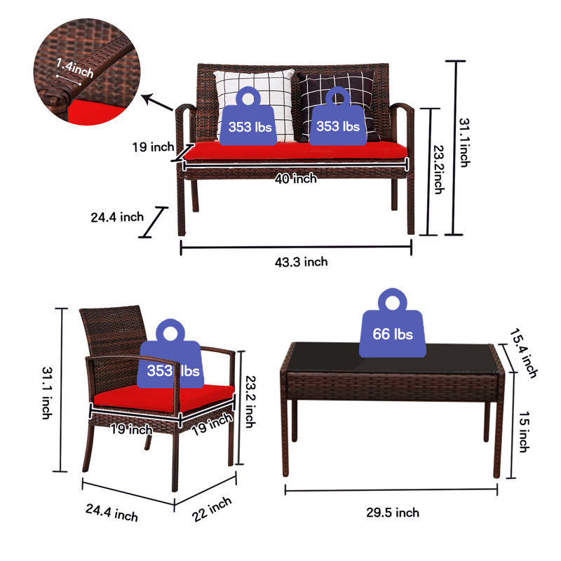 Ensemble de conversation en rotin avec coussins 4 pièces Exmore, Rouge