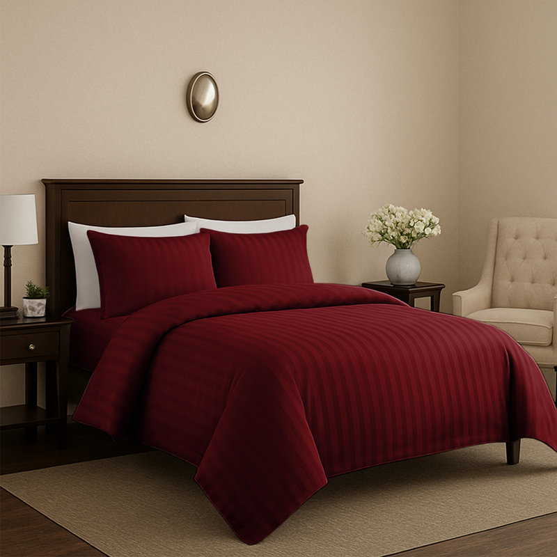 Microfiber Striped Duvet Cover Set with Pillowcases, Burgundy, Single Duvet Cover + 2 Additional Pieces, 3