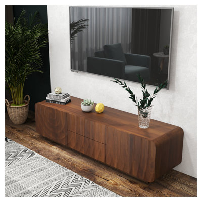 Meuble télé de 58 pouces au design unique en forme de spirale ondulée - Console de télévision Mid-Century en noyer avec armoire de rangement et 2 tiroirs - Meuble audio-vidéo moderne pour le salon et la chambre à coucher