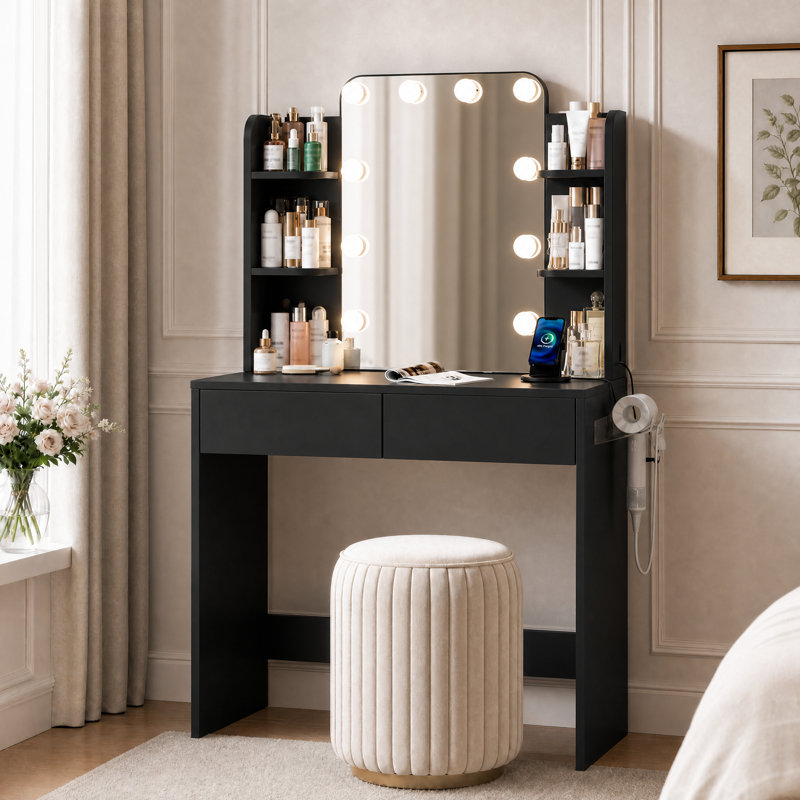 Meuble-lavabo de 31,5 po de largeur, miroir à DEL avec 3 modes d'éclairage, prise de courant et support pour sèche-cheveux pour petites filles