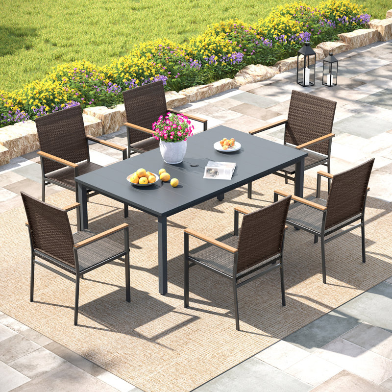 6-Person Patio Dining Set with 63"L Rectangular Dining Table and 6 Rattan Solid Wood Armrest Dining Chairs, Gray/Gray