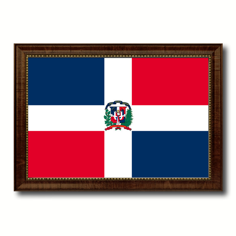Drapeau de la république dominicaine sur toile, H 15 po x l 21 po x P 1 po, Encadrement brun