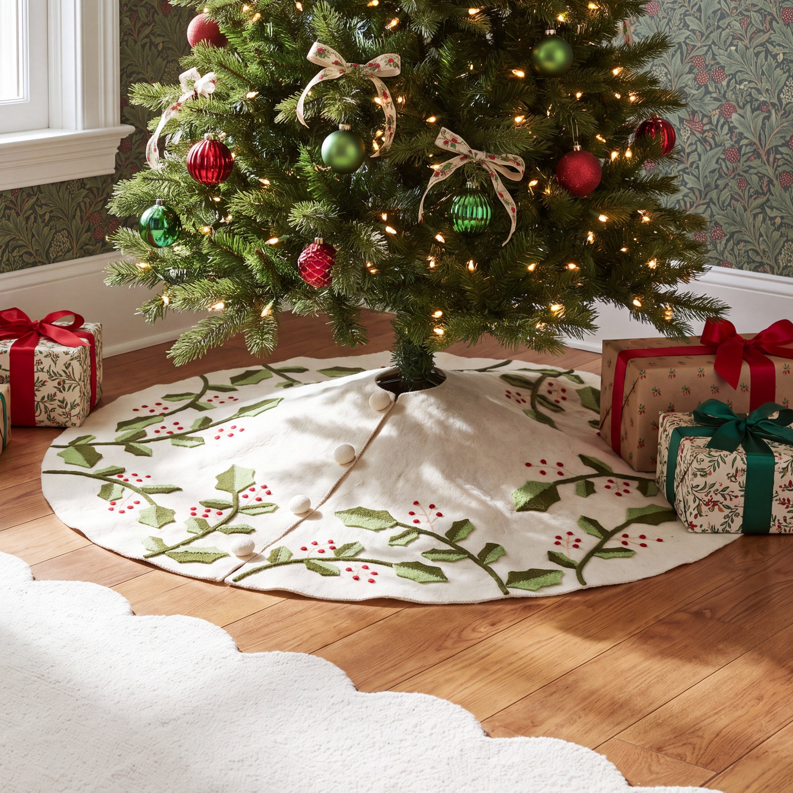Holly and Berry Embroidered Tree Skirt