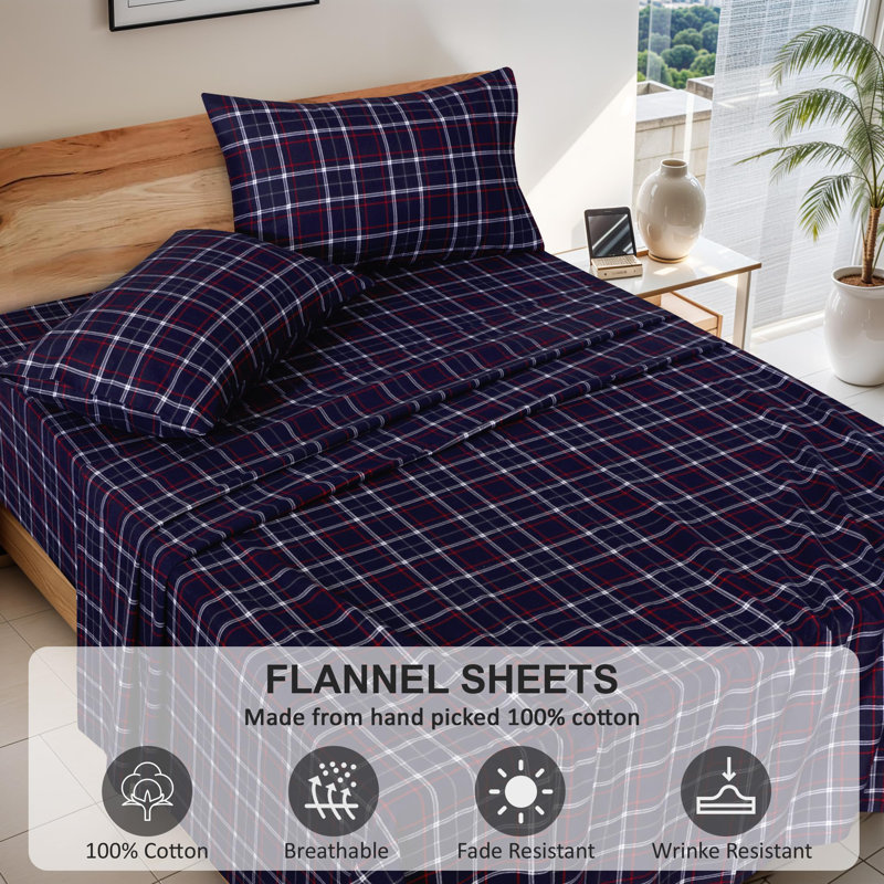 Yankees Blue Plaid Full Cotton Flannel Bed Sheet Set