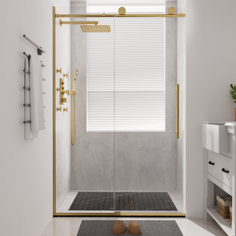 Brushed Gold Frameless Sliding Shower Door with Clear Tempered Glass, 48" x 76"