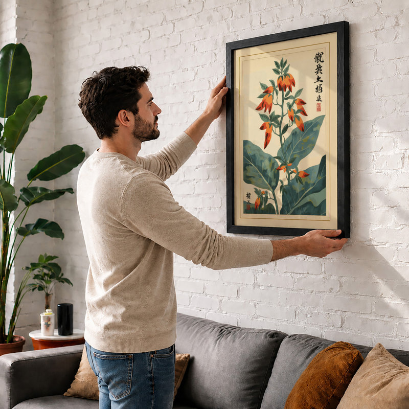 Japanese Flowering Plant Study Japandi - Framed Print, A4 - 29.7 x 21.0 cm, White