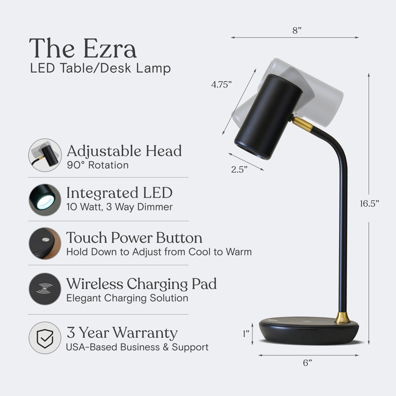 Ezra 16.5 in. Dimmable LED Industrial Desk Lamp with Wireless Charging Pad and Adjustable Lamp Head, Black