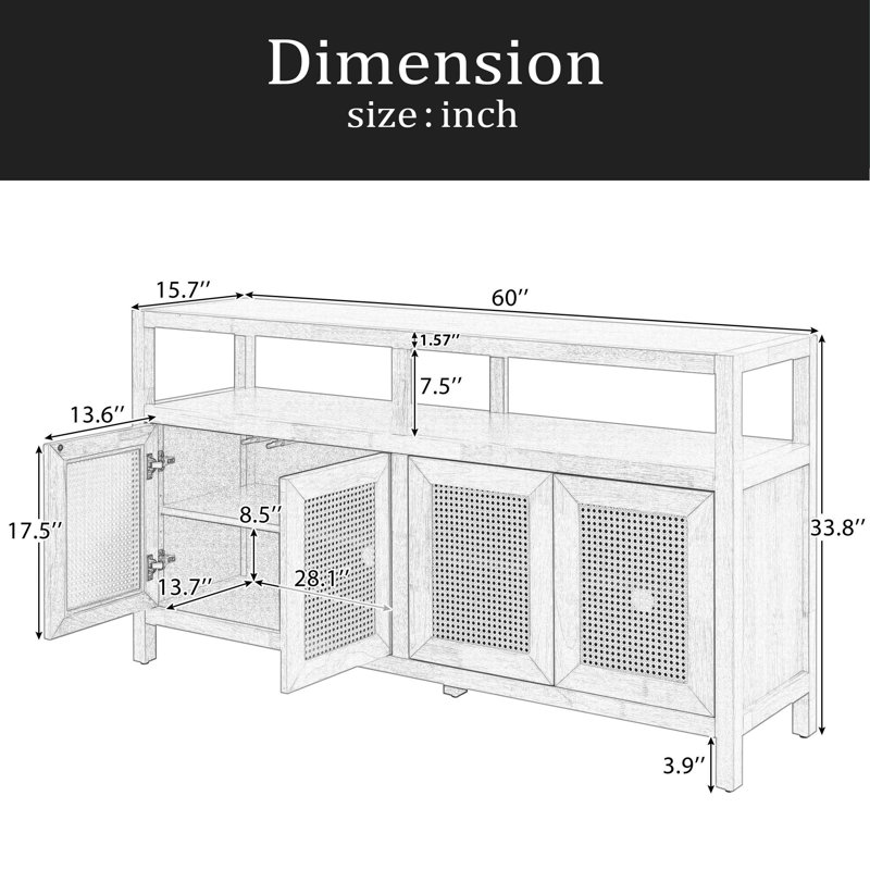 Armoire de rangement en rotin de style bohémien avec structure en bois massif, buffet avec tablettes réglables à 3 positions pour le salon et la salle à manger, conception à pousser sans poignée