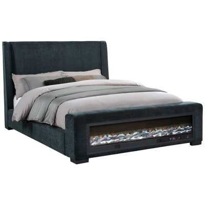Eastern King Bed Upholstered In Dark Blue, Mid - Century Modern Design, Adjustable Brightness, Wireless Remote, Audio Streaming, Flame Visual With 13 Color Options For Bedroom Decor Bed, Blue Fabric,