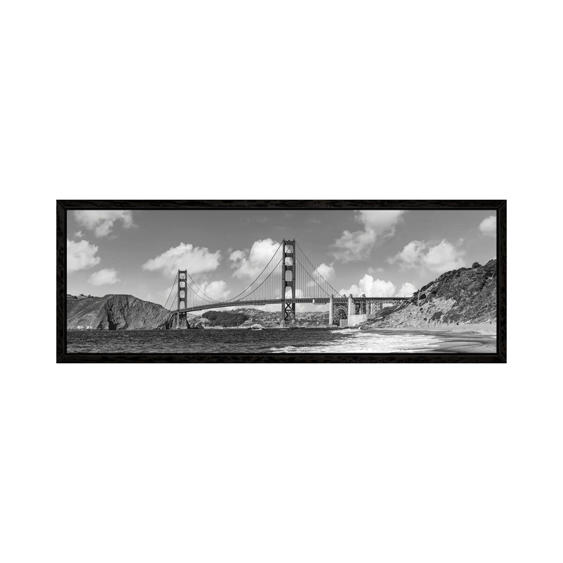 Golden Gate Bridge Baker Beach Panoramic View | Monochrome by Melanie Viola - Panoramic Print on Canvas, Black Framed