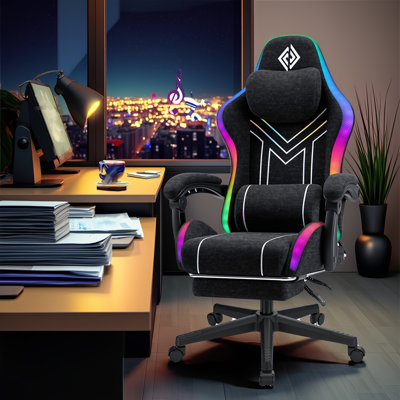 Fauteuil de jeu HOFFREE RVB avec lumières rythmiques à DEL et haut-parleurs Bluetooth Fauteuil de jeu inclinable ergonomique avec repose-pieds pour jeux vidéo et de bureau