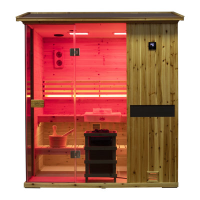 Samsora Outdoor Traditional Steam Sauna For 4-Person 3800W, Mid-Infrared Lamp, 95℉-230℉, Old Fir Wood, Built-In Bluetooth Speaker, Includes Sauna Heater and Sauna Stone, Negative Ion Board