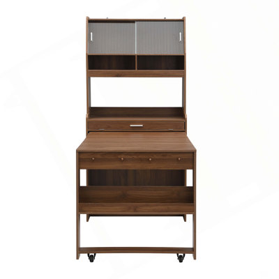 Compact 33.5x15.7x69inch Buffet with Hutch and Foldable Dining Table, Multifunctional Cupboard with Storage Shelf and Side Hooks for Small Places,Studio, Apartment