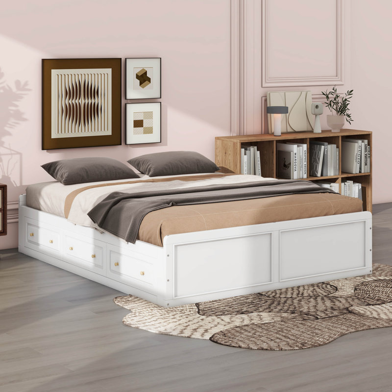 Base de lit plateforme grand en bois avec 6 tiroirs, Blanc