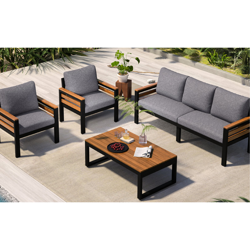 Patio Conversation pour 5 personnes avec table basse en bois, coussin amovible et table basse solide, Gris
