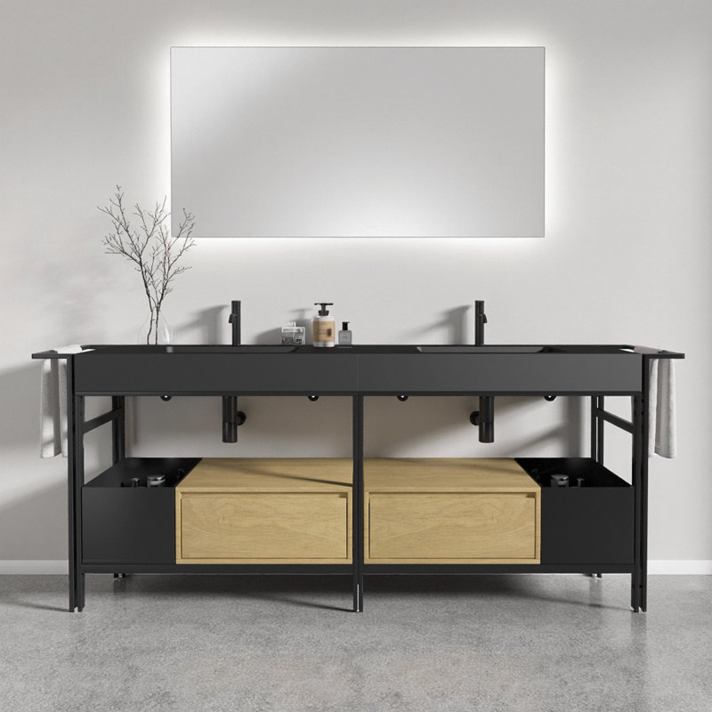 Meuble-lavabo industriel flottant Forte de 6 pi avec cuve à quartz et rangement modulaire Forte, Noir