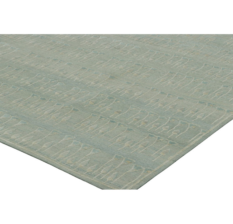 Rug & Kilim’S Block Print Custom Rug Design With Blue And Green Floral Patterns, Square 4'