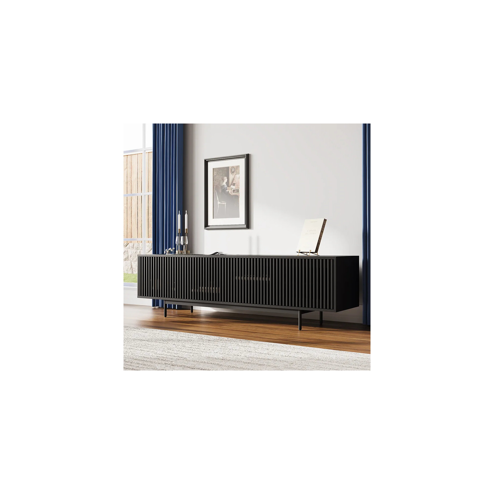 Mid-Century Modern TV Stand, 21.26" H x 78.74" W x 18.89" D, Black