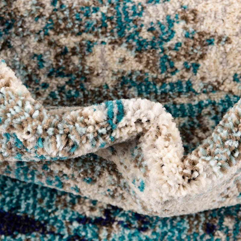 Tapis abstrait beige / bleu, Ovale 7 pi 1 po x 10 pi