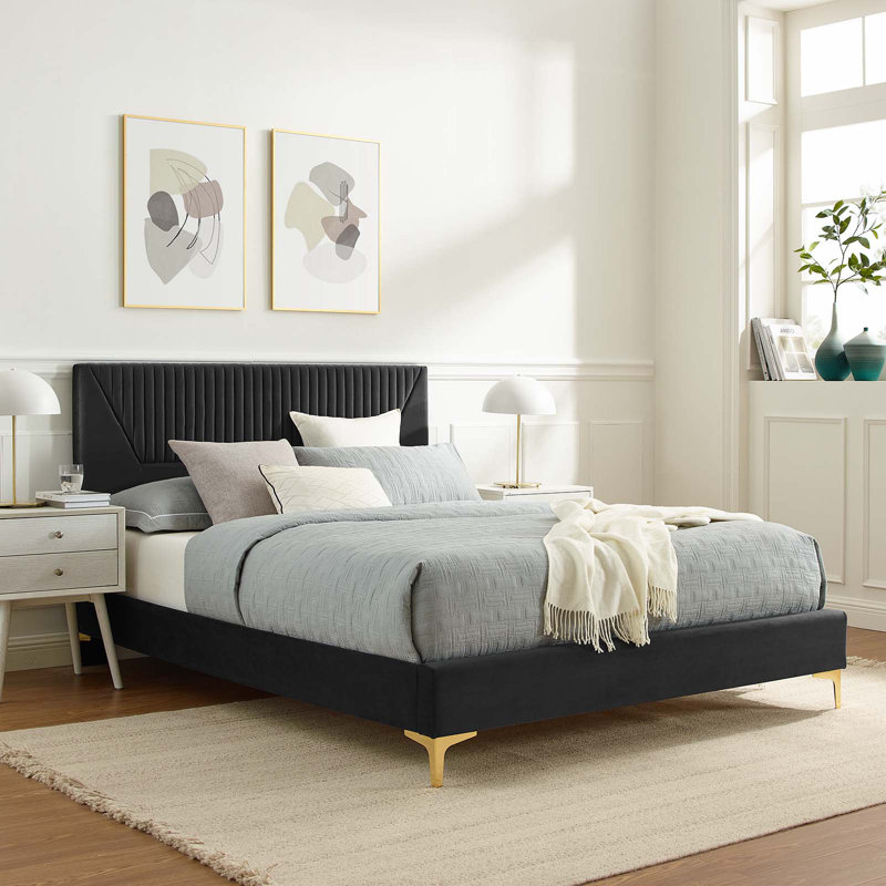 Lit plateforme en velours Yasmine Channel, Double, Gris