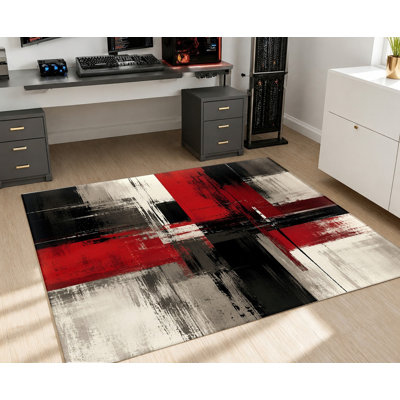Tapis abstrait lavable à la machine avec envers antidérapant, tapis à motif géométrique rouge noir et blanc, décoration intérieure douillette pour le salon, la chambre à coucher, le couloir, la salle à manger, le bureau et l’appartement