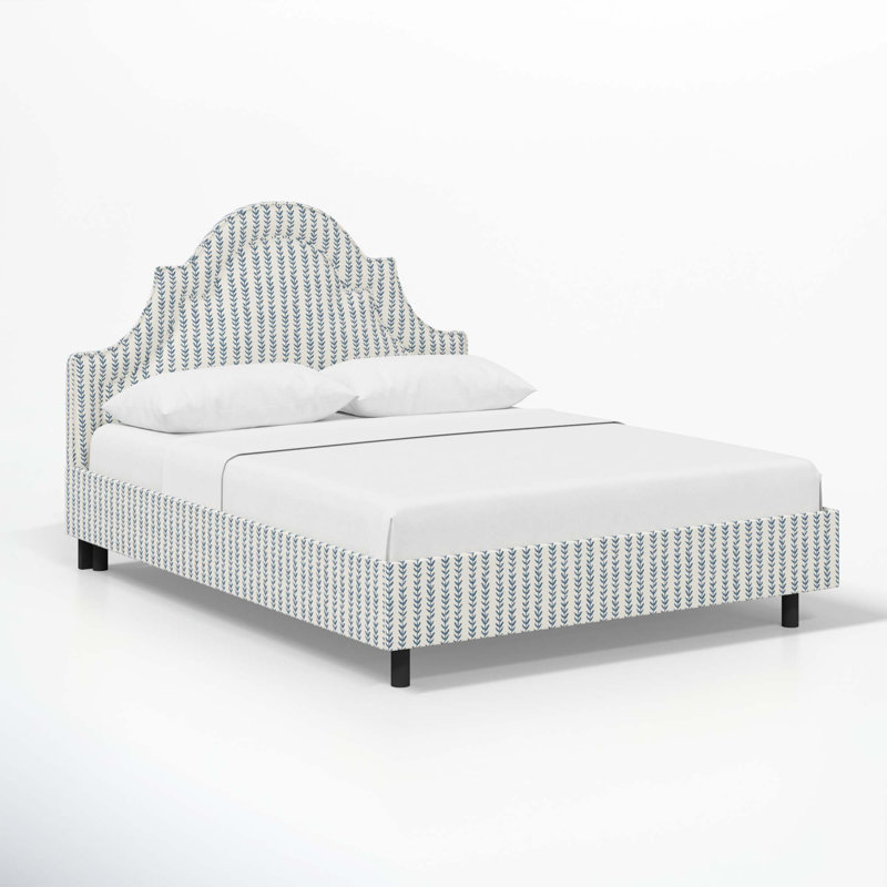 Knipe Upholstered Scalloped Bed, Full, Vine Stripe Dusty Blue