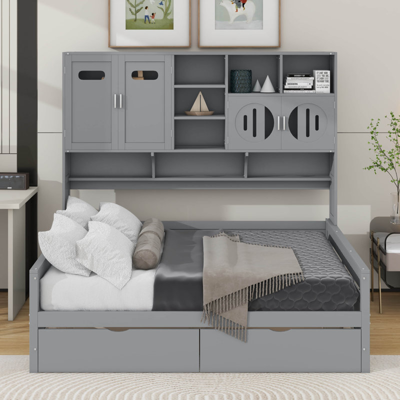 Lit de jour en bois avec tiroirs, Gris, Lit double