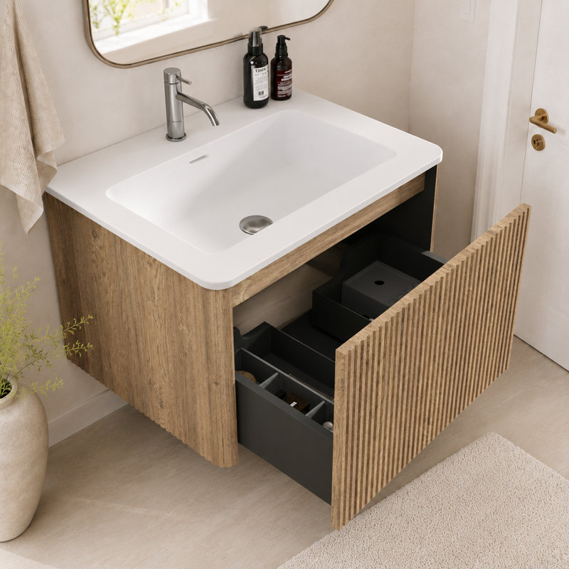 Meuble-lavabo suspendu de 61 cm avec lavabo en surface solide blanche, armoire de salle de bain murale en chêne miel rayé, meuble-lavabo moderne préassemblé