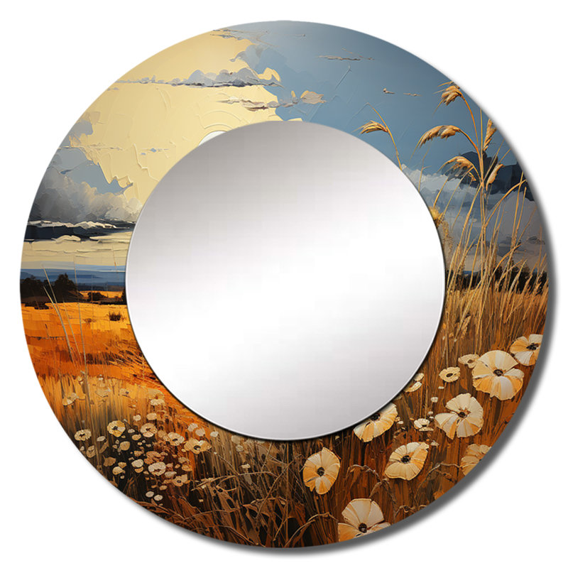 Yellow Blue Prairies Whispers Patchwork II - Prairies Decorative Wall Mirror, Gold Large Round Mirror, Printed Metal Art