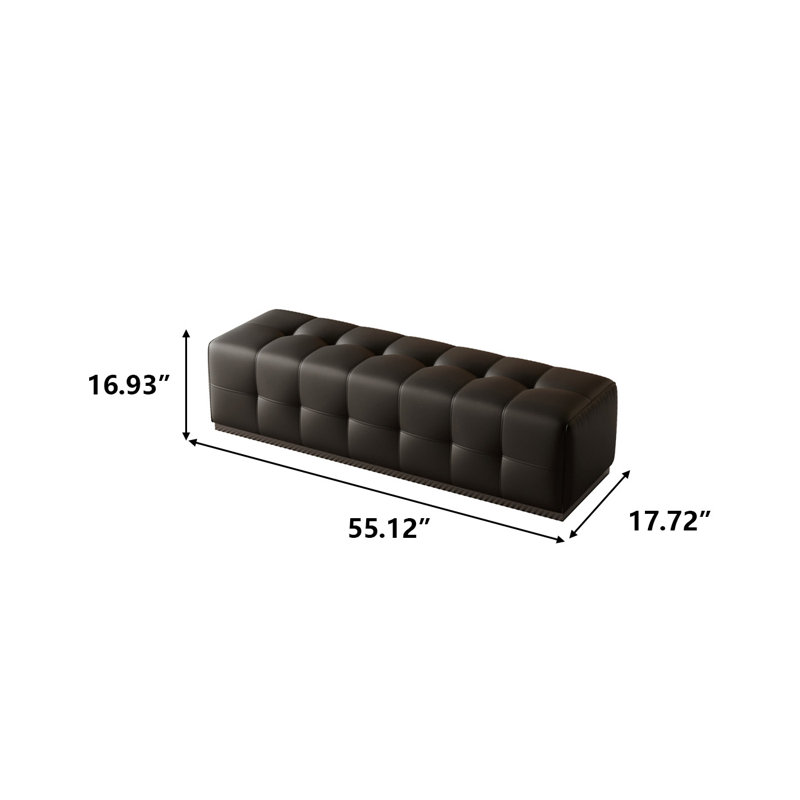Banc de lit 55,25 po en cuir véritable noir moderne luxueux avec base en acier inoxydable