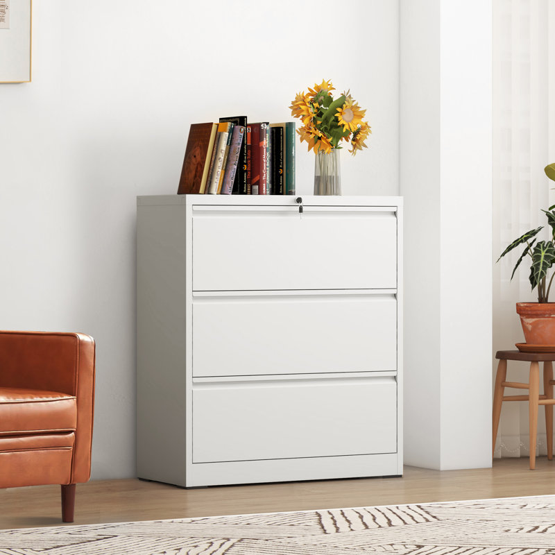 Classeurs latéraux métalliques à 3 tiroirs Abheek avec serrure, assemblage requis, Blanc, 3